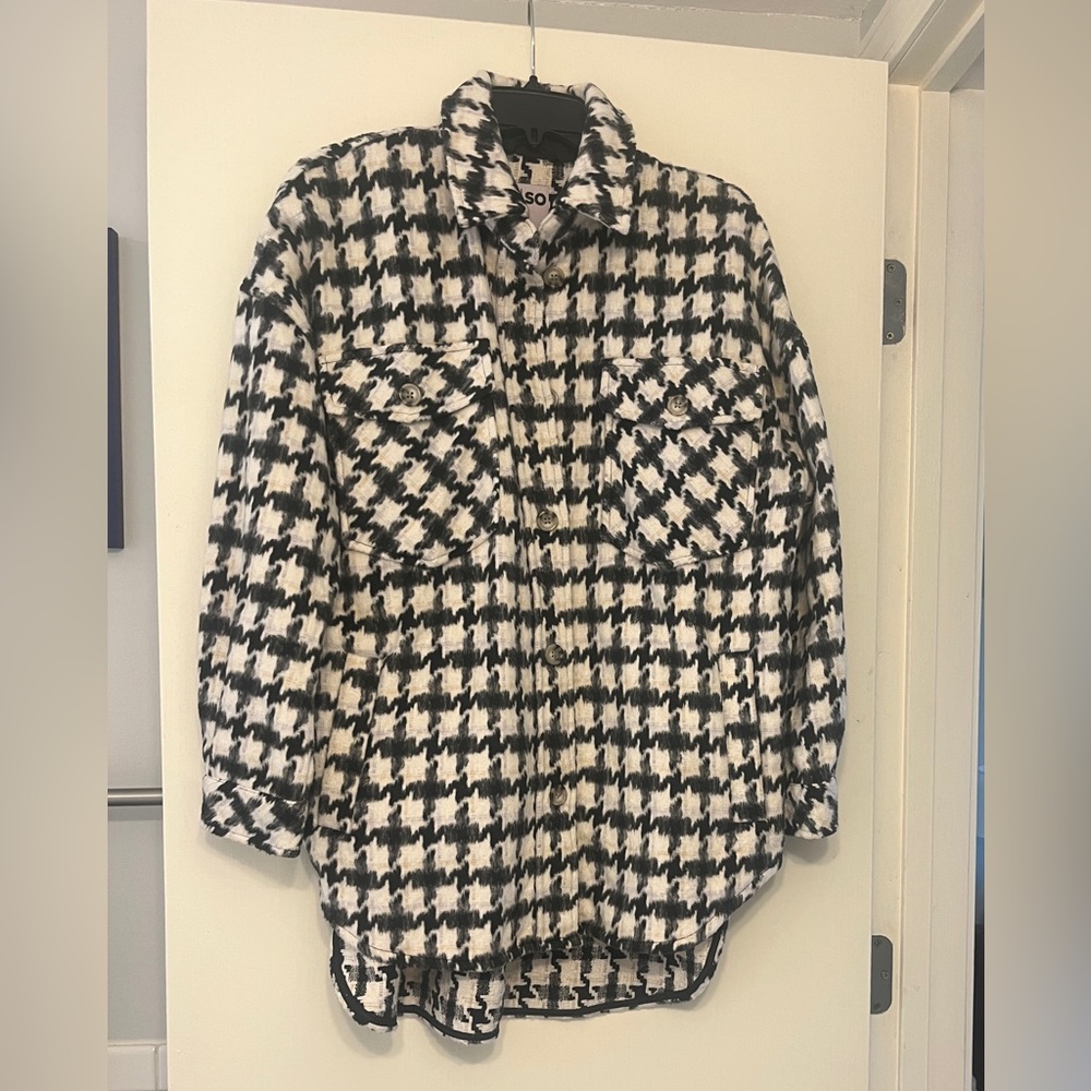 Sonoma Women’s Black and White Houndstooth Fleece Shacket, jacket, Sz Medium